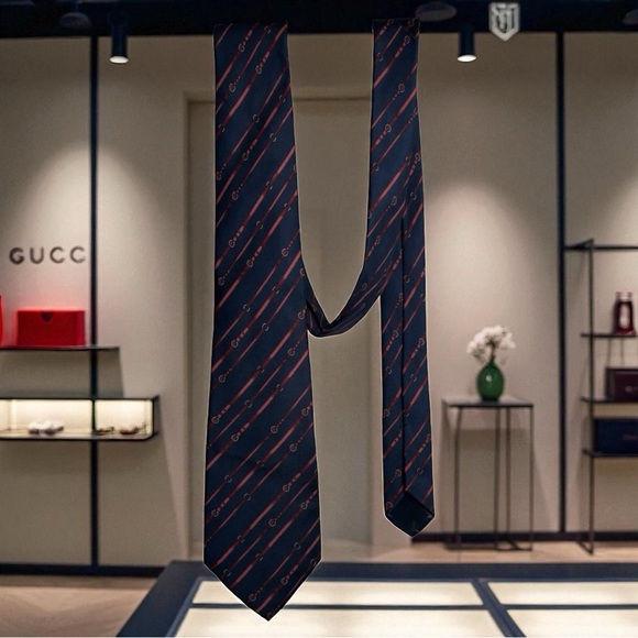 Gucci Other - Gucci Vintage Striped Logo Silk Tie Navy and Red Rare